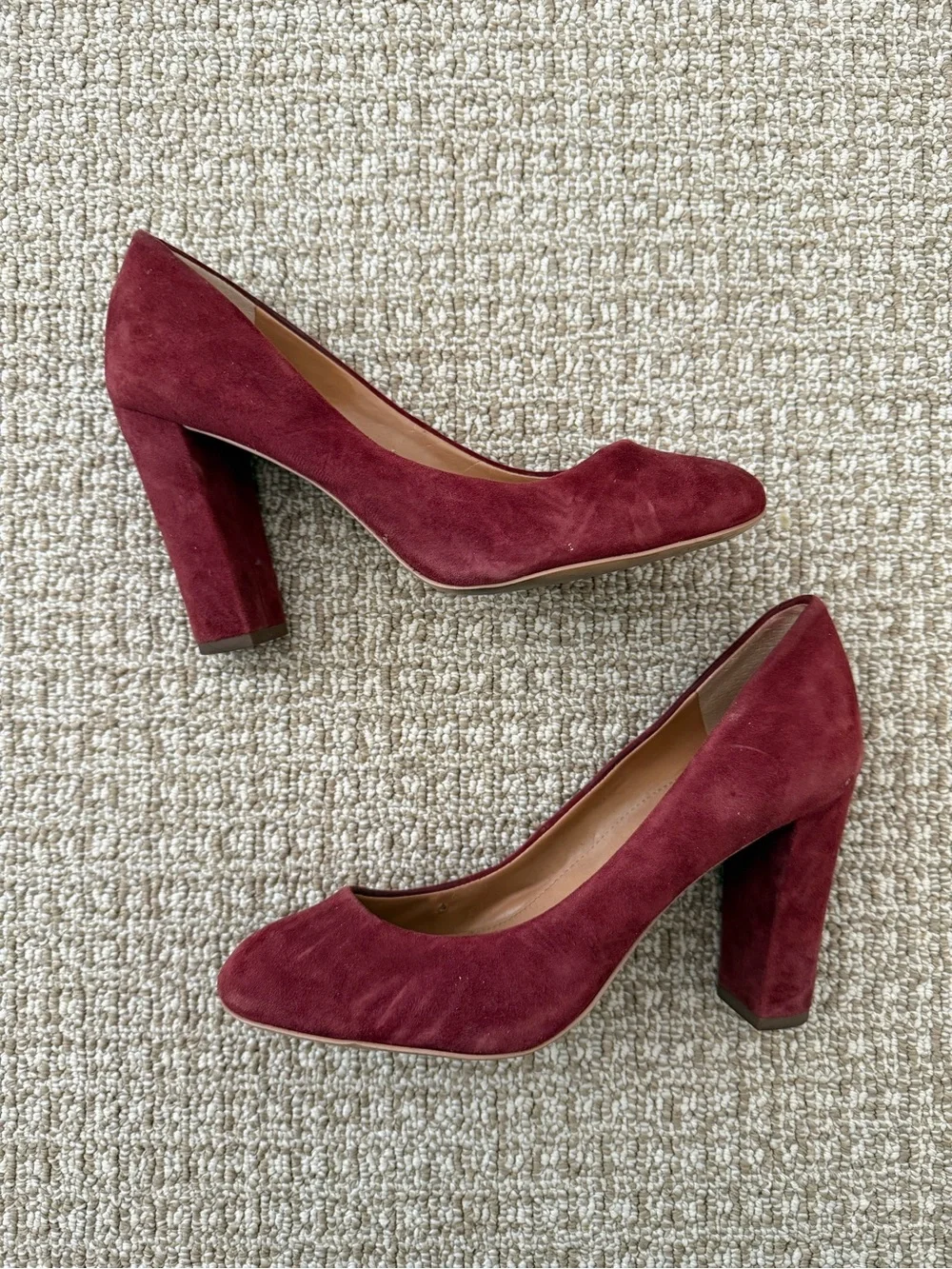 J. Crew Burgundy Suede Round-Toe Block Heel Pumps